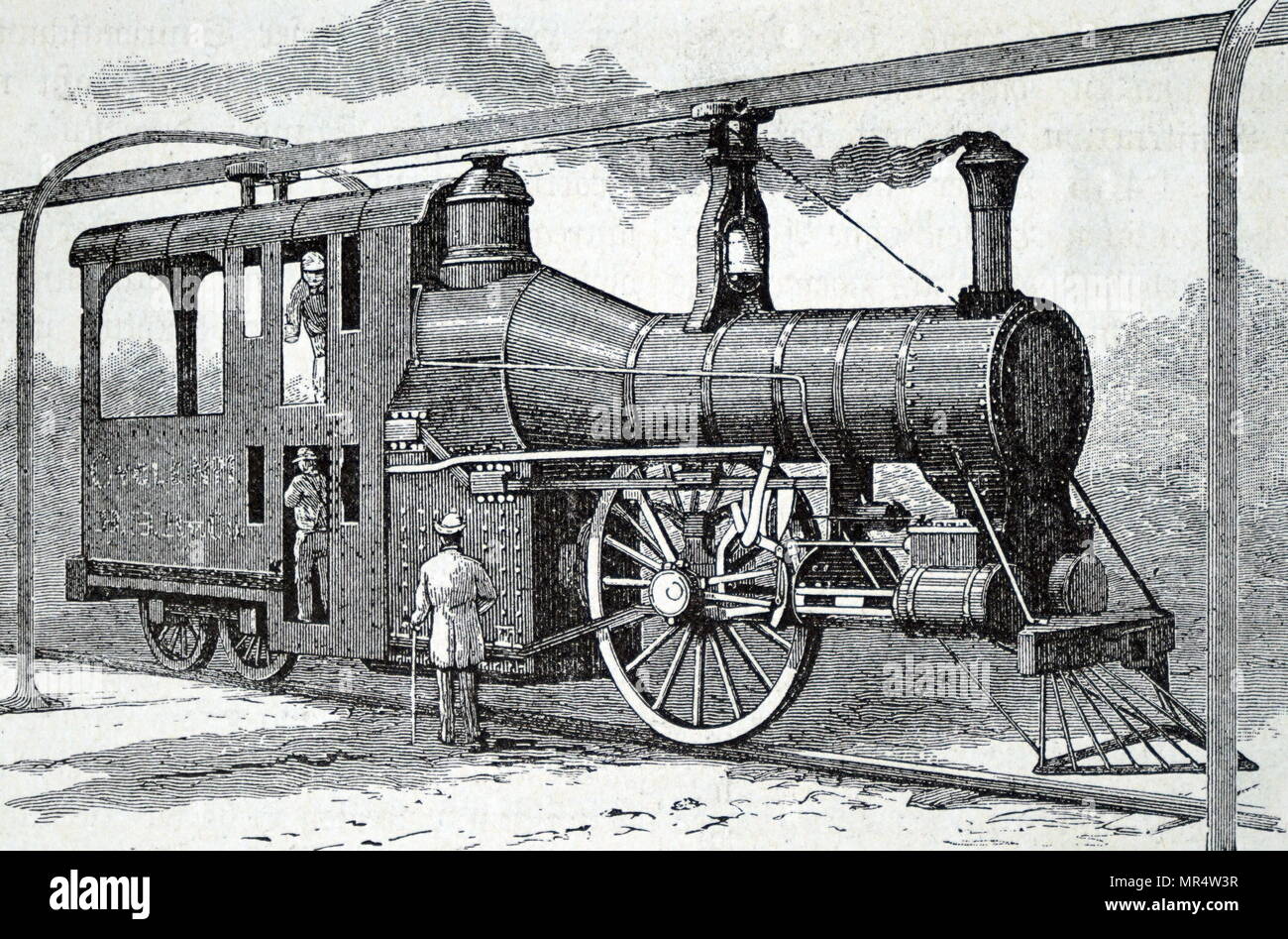 Engraving depicting a steam locomotive of the Boynton Bicycle Railroad with a double-deck cab, with the fireman on the bottom and the engineer on the top. Dated 19th century Stock Photo