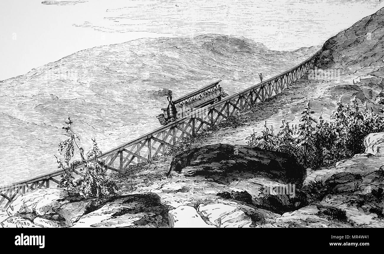 Engraving depicting the Mount Washington cog railway. The railway was built and designed by Sylvester Marsh (1803-1884) an American engineer. Dated 19th century Stock Photo
