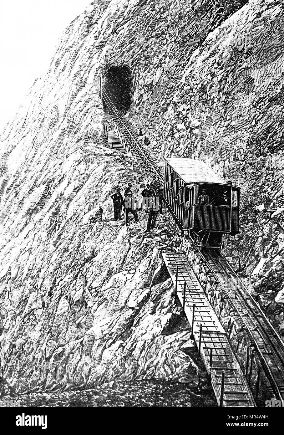 Engraving depicting a train on the Mount Pilatus rack railway designed by Carl Roman Abt. Carl Roman Abt (1850-1933) a Swiss mechanical engineer, inventor and entrepreneur. Dated 19th century Stock Photo