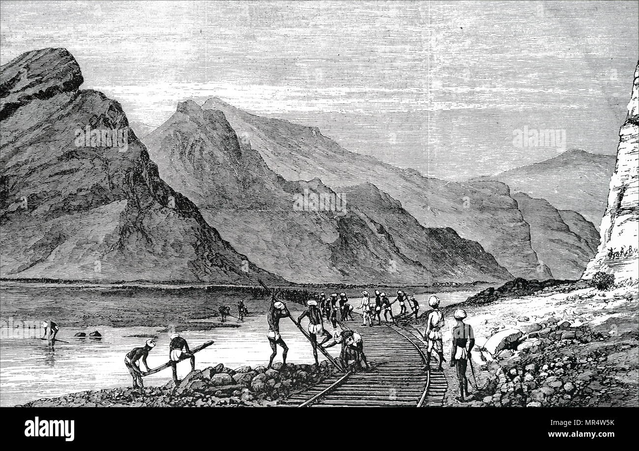 Engraving depicting the laying of track on the Bolan Pass Railway Line which served the British army station at Quetta on the Afghan border. Dated 19th century Stock Photo