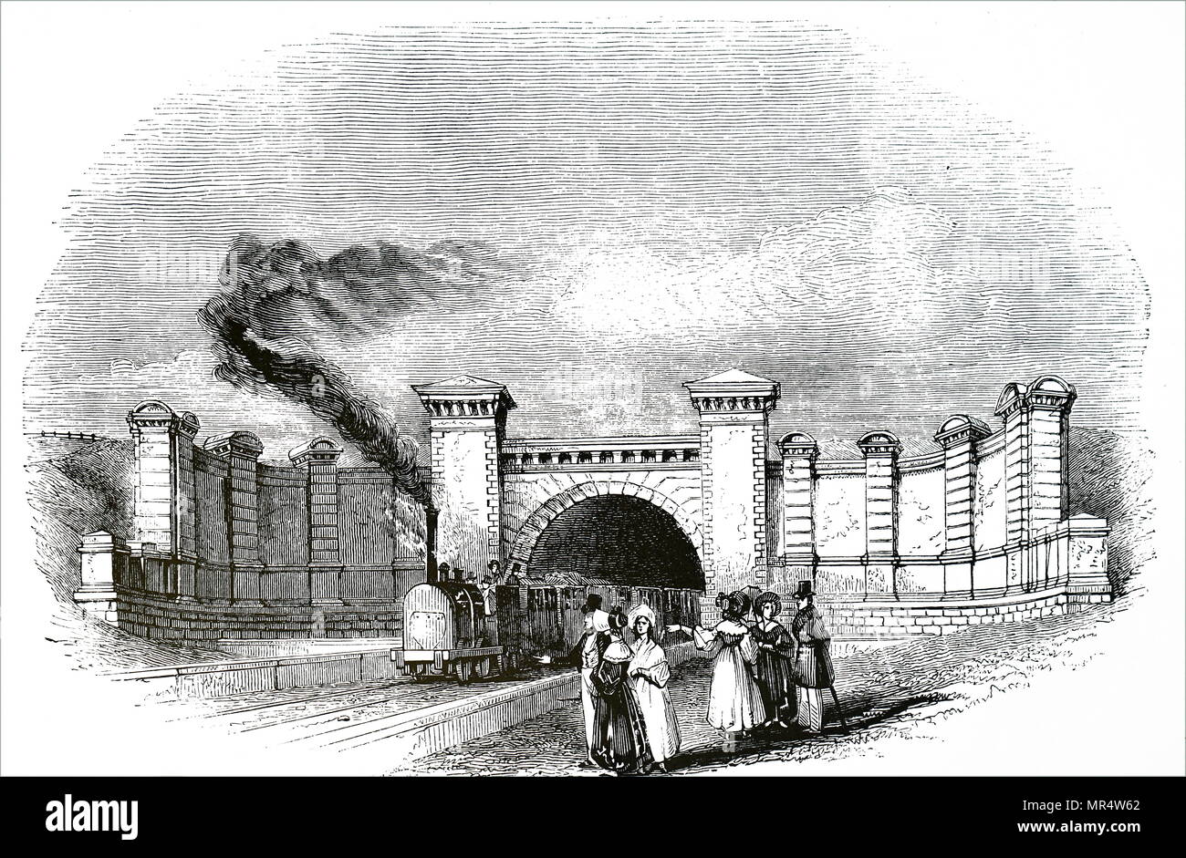 Engraving depicting the entrance to Primrose Hill tunnel designed by Robert Stephenson. Robert Stephenson (1803-1859) an English railway and civil engineer. Dated 19th century Stock Photo