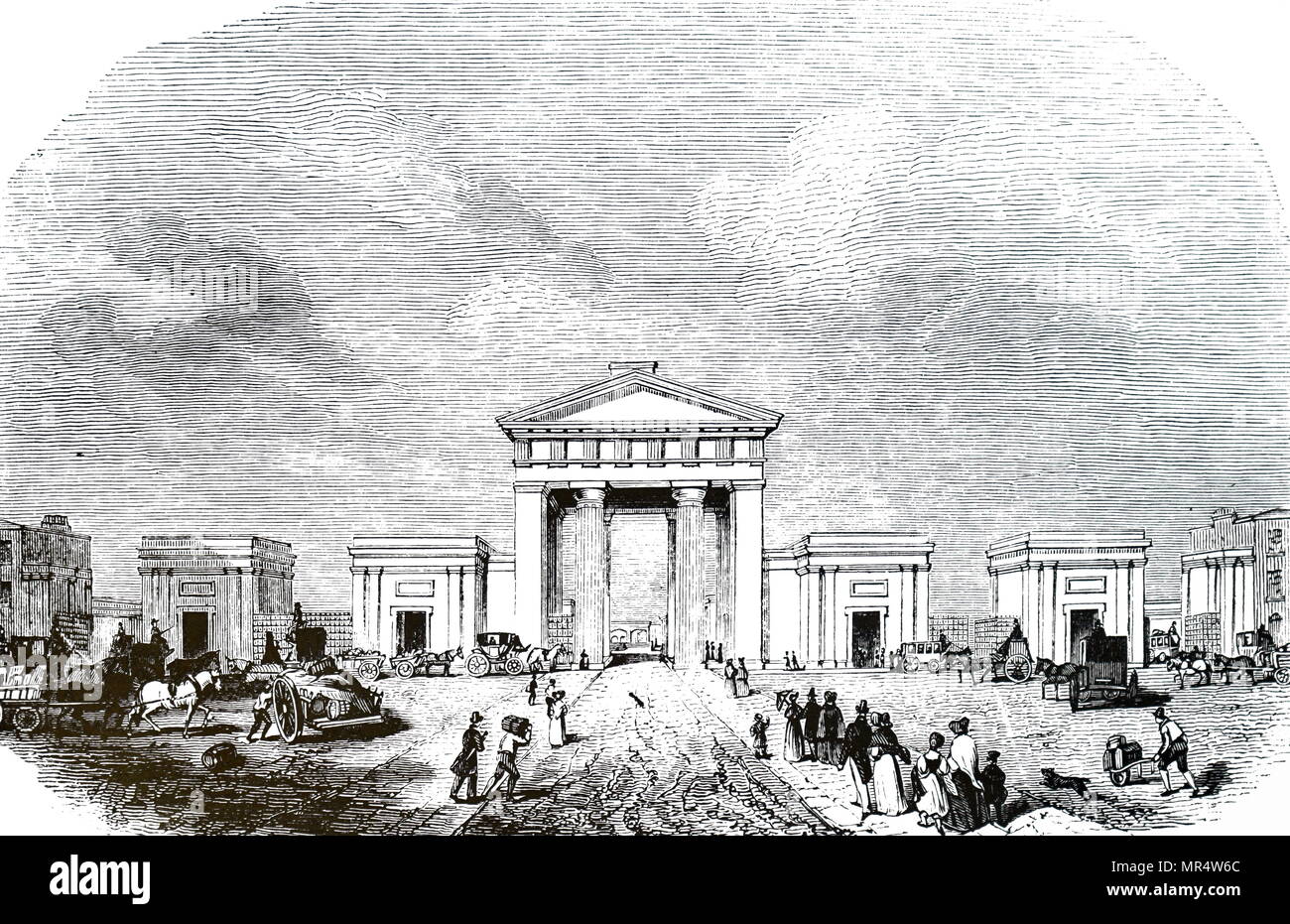Engraving depicting Euston Arch, the original entrance to Euston station facing onto Drummond Street, London. Designed by Philip Hardwick (1792-1870) an English architect. Dated 19th century Stock Photo