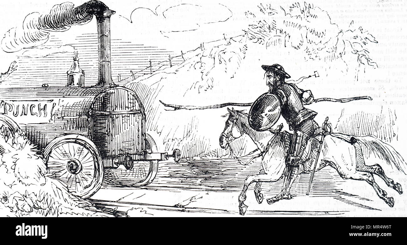 Cartoon depicting Colonel Charles Sibthorp as Don Quixote attacking a steam engine. Charles Sibthorp (1783-1855) a British Ultra-Tory politician. Dated 19th century Stock Photo