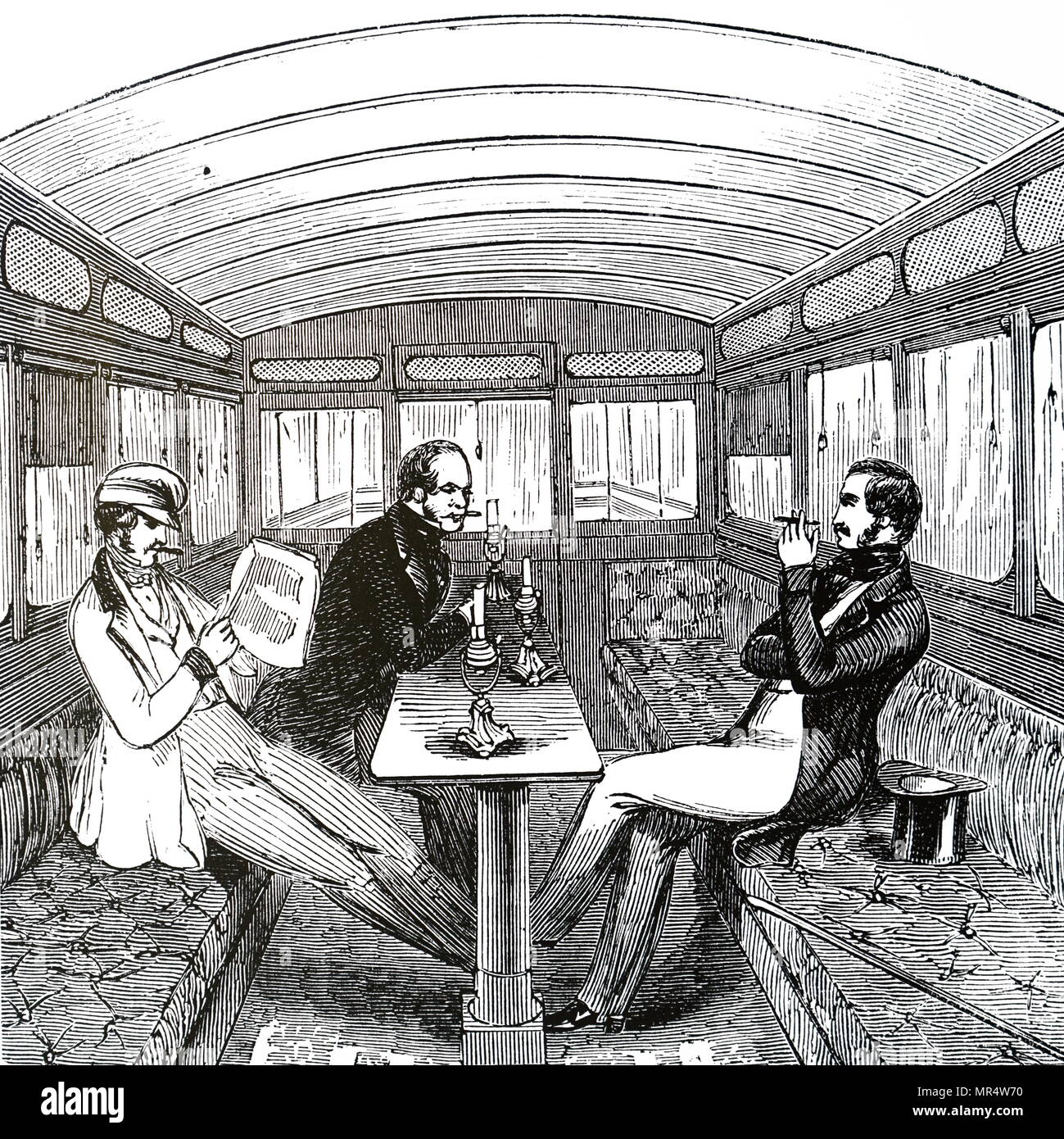 Engraving depicting a smoking saloon on the Eastern Counties Railway line. Dated 19th century Stock Photo