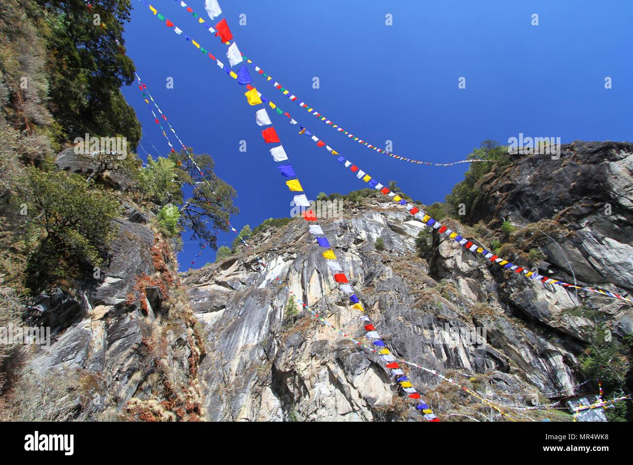 Colorful Buddhist prayer flags at Taktshang Goemba or Tiger's nest ...