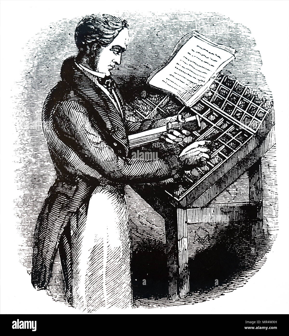 Illustration depicting a compositor making up a line of type. In his left hand is the composing stick, and in this he places letters taken from the upper case for capitals and from the lower case for capitals and from the lower case for small letters. Dated 19th century Stock Photo