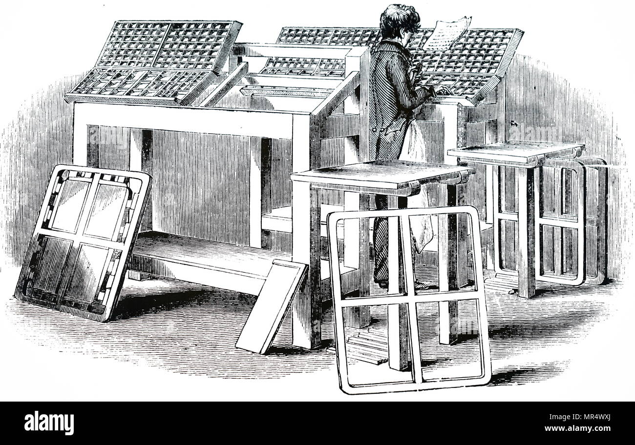 Illustration depicting a compositor making up a line of type. In his left hand is the composing stick, and in this he places letters taken from the upper case for capitals and from the lower case for capitals and from the lower case for small letters. In the foreground is the frame of Chase in which four pages will be locked. On the left is a Chase with the type locked in and correctly positioned with Furniture. Dated 19th century Stock Photo
