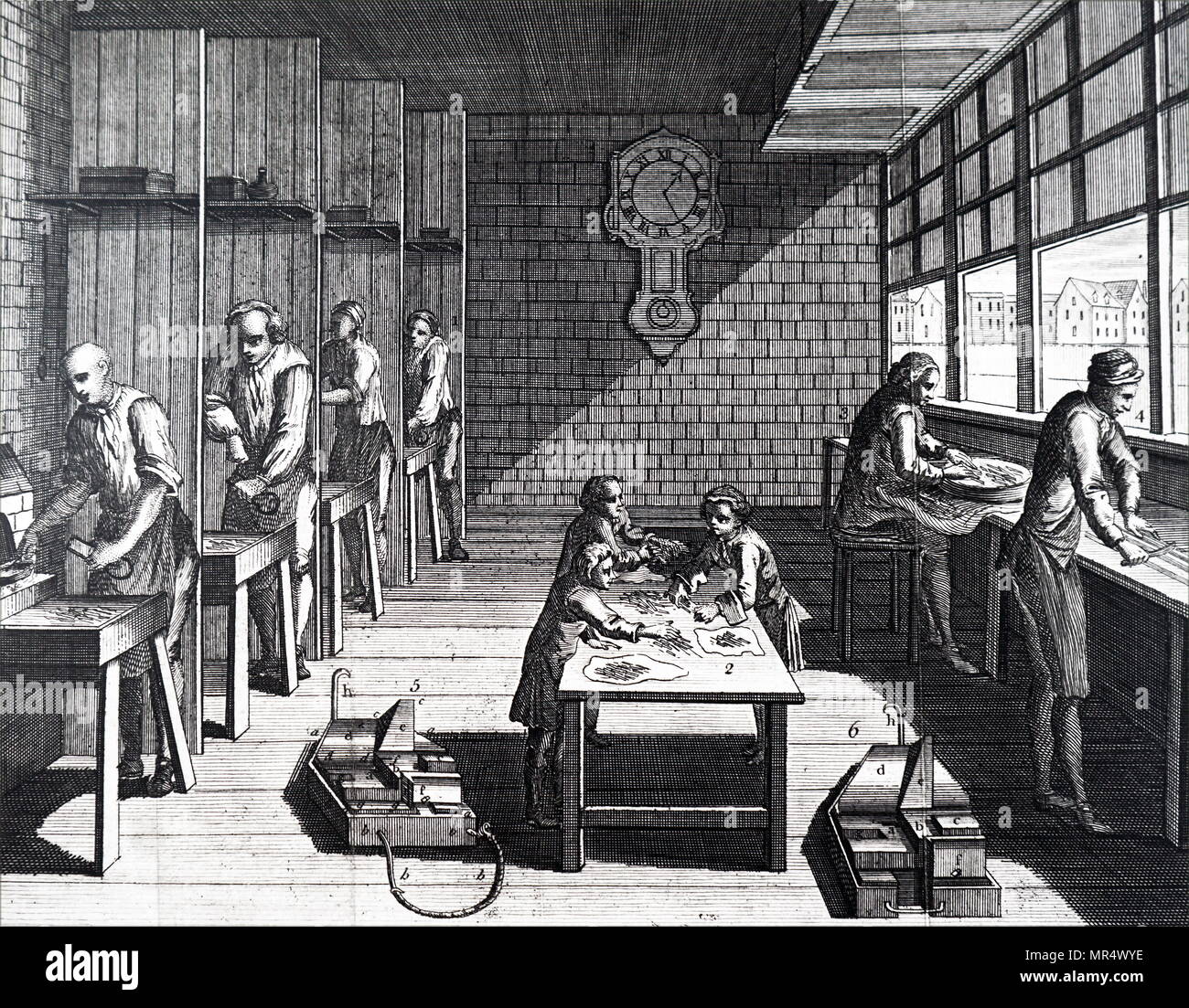 Illustration depicting the process of casting type: At 1) on left are 4 type-founders, each with a small furnace for melting the alloy of lead and iron from which the type is cast. The man at the front is filling a ladle with molten metal, ready to tip it into the mould in his left hand. The average number of letters cast in a day was 3000. The letters are next passed to the boys at 2) who break off the shanks. At 3) they are rubbed on a stone to remove un-wanted roughness, and at 4) they are cut to one length. Dated 18th century Stock Photo