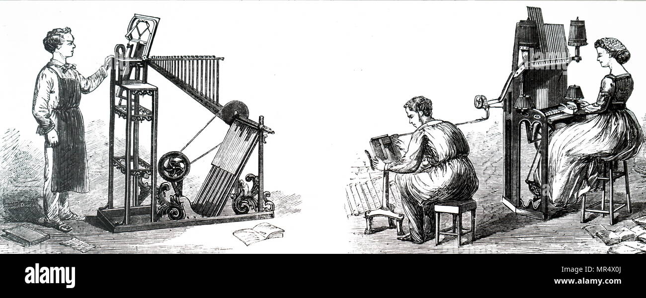 Type Machine Invented Illustration of a type distributing (left) and type composing machines ...