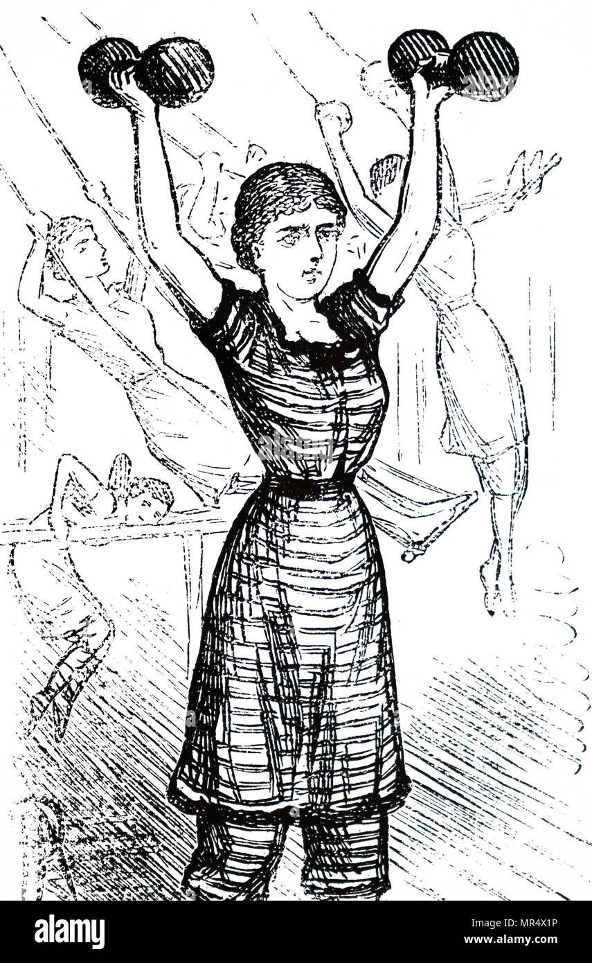 Illustration depicting a girl lifting weights during a physical education class. Dated 19th century Stock Photo