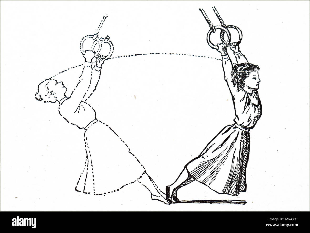 Illustration depicting a young female gymnast practising with gymnastic rings, two wooden rings