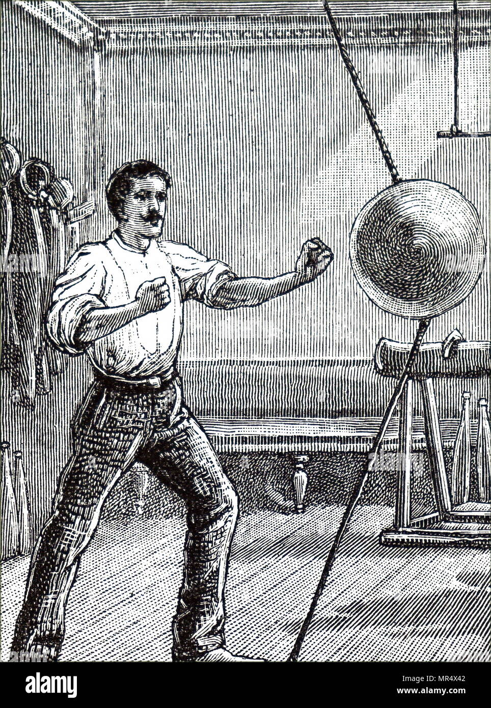 Illustration depicting a boxer training with a speed ball, which is