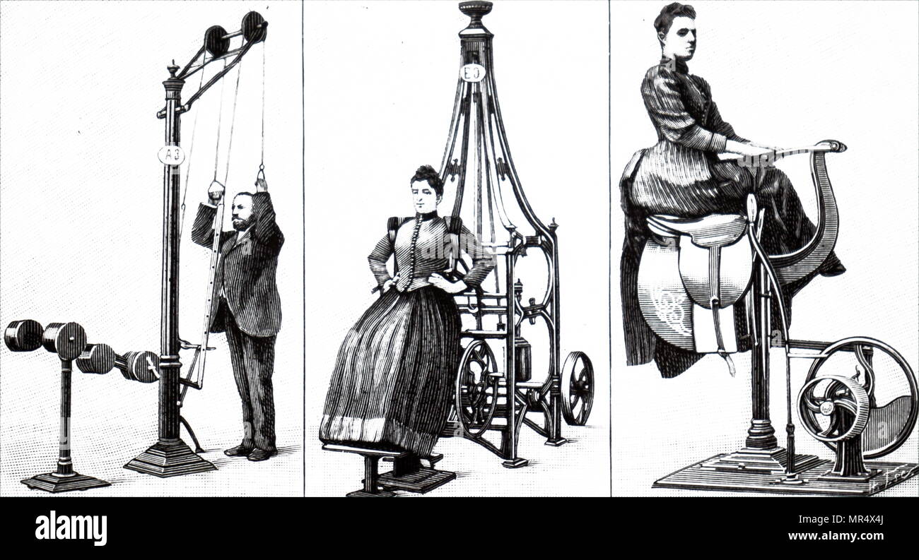 Illustration depicting Dr Zander's exercise apparatuses.  Left: For strengthening the arms, chest and shoulders. Centre: for exercising the shoulders, chest and lungs. Right: machine for stimulating the action of a horse. Dated 19th century Stock Photo