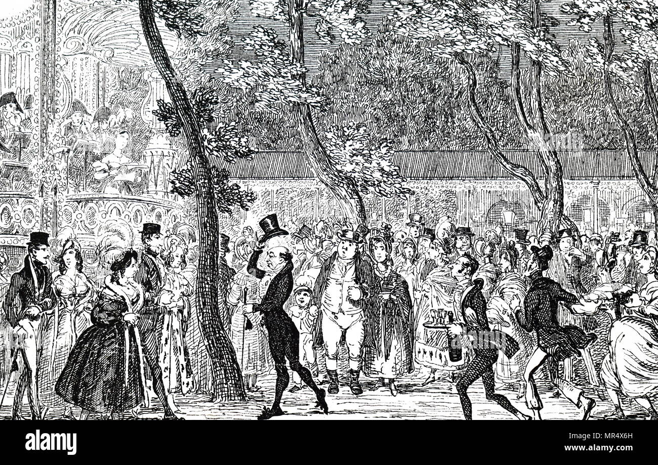 Cartoon depicting a busy Vauxhall Park, a Victorian park with children's playground, lavender garden, model village, dog area and café. Dated 19th century Stock Photo