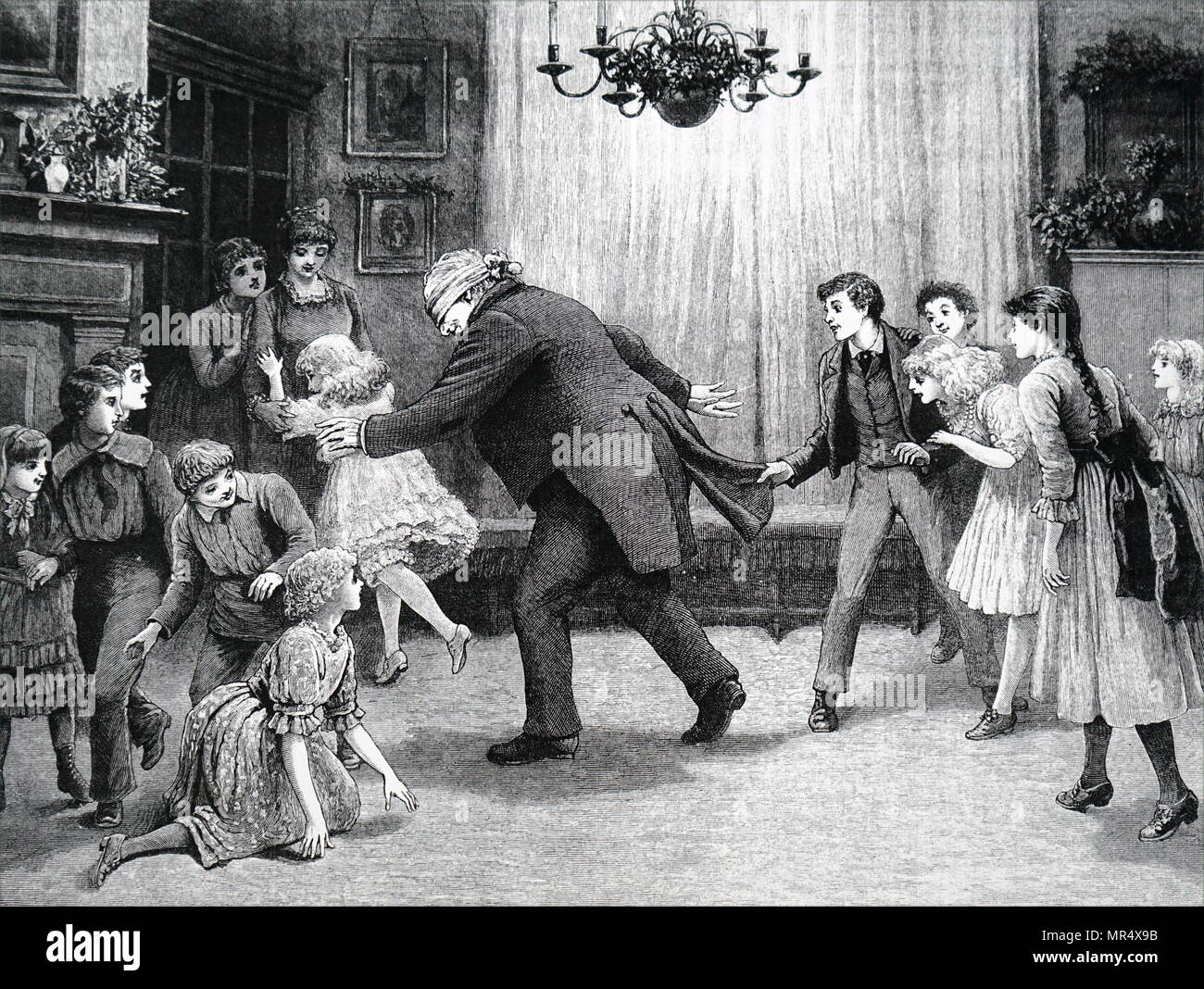 Illustration depicting an older family member playing Blind Man's Bluff, he is attempting to catch someone whilst he is blindfolded. Dated 19th century Stock Photo