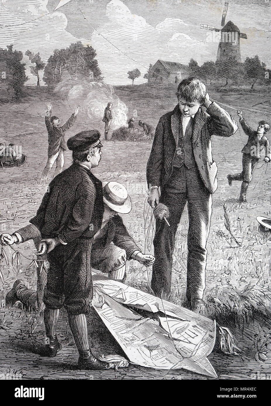 Illustration depicting boys with a damaged kite. Dated 19th century Stock Photo