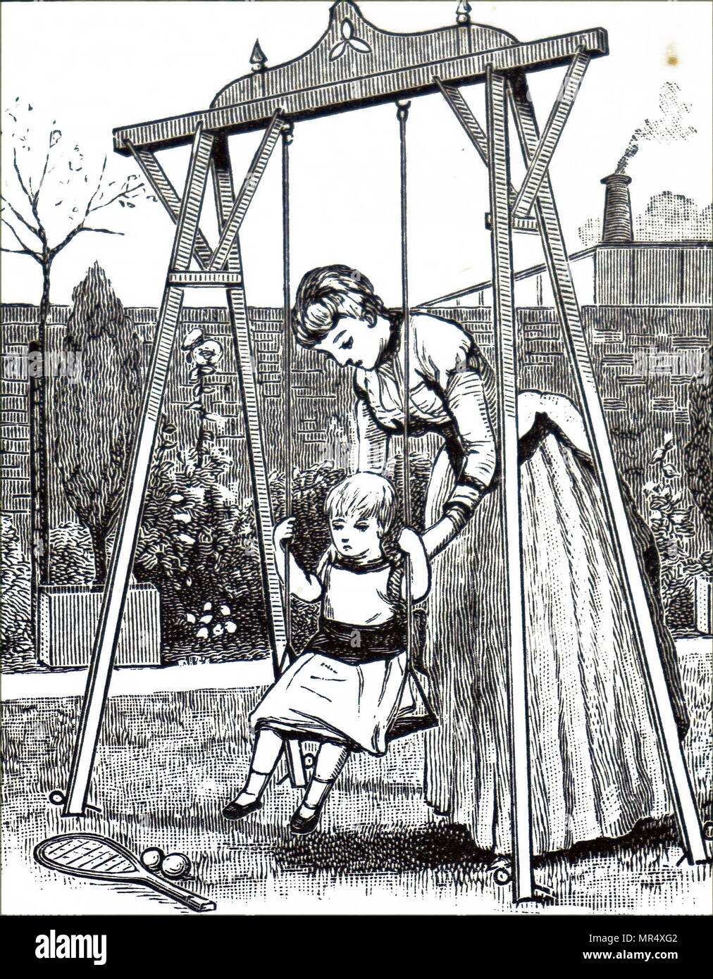Illustration depicting a young mother playing with her child on the outdoor swing. Dated 19th century Stock Photo