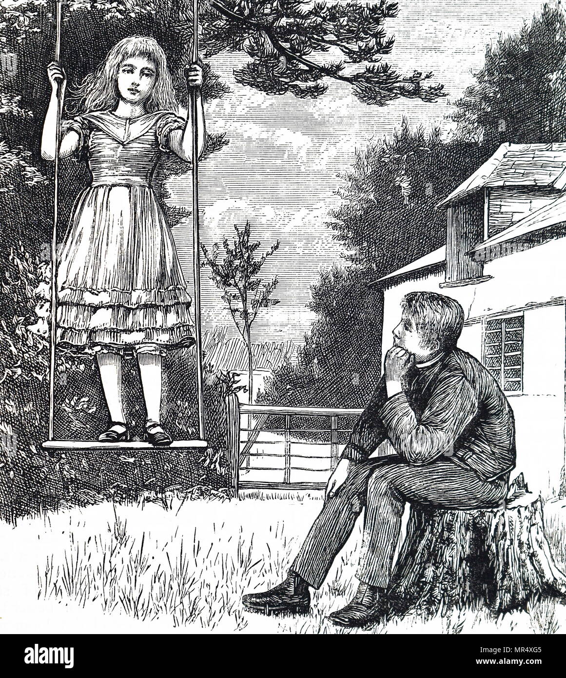 Illustration depicting a young girl playing on a swing as her father watches. Dated 19th century Stock Photo