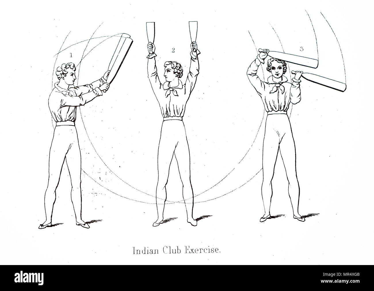 Illustration depicting a young man performing Indian club exercises. Dated 19th century Stock Photo