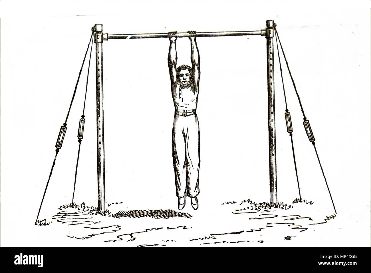 Illustration depicting a man exercising  using a horizontal bar to stretch and strengthen arms. Dated 19th century Stock Photo