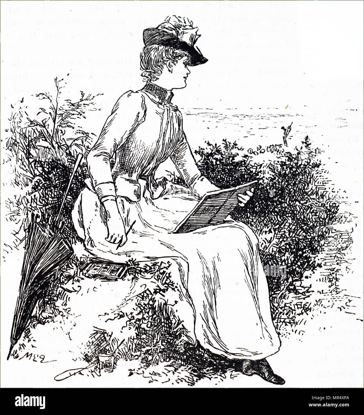 Illustration depicting a young woman sketching illustrated by Mary