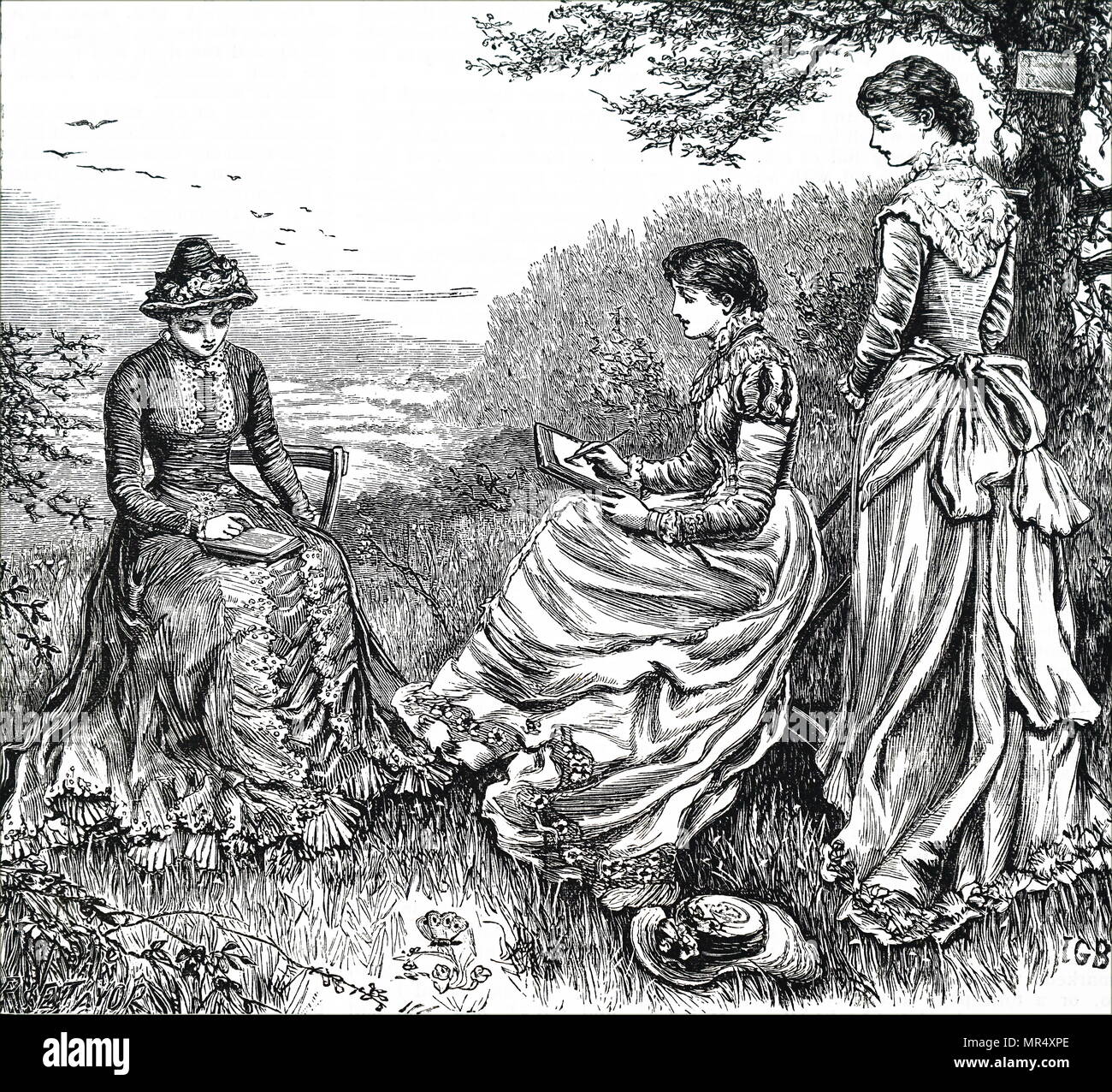 Illustration depicting young ladies spending the afternoon outside reading and sketching. Dated 19th century Stock Photo