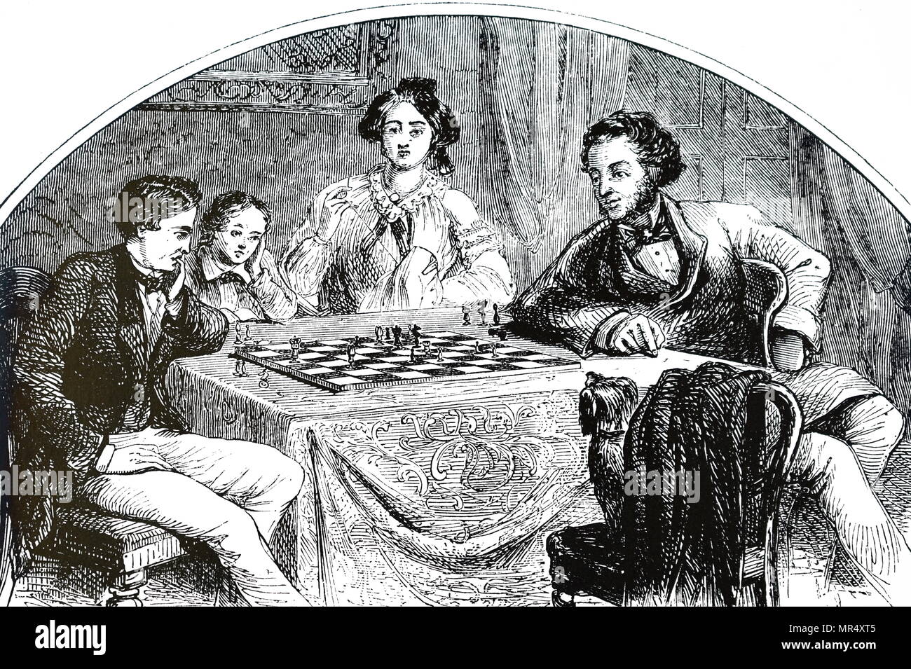 Illustration depicting a friendly game of chess. Dated 19th century Stock Photo