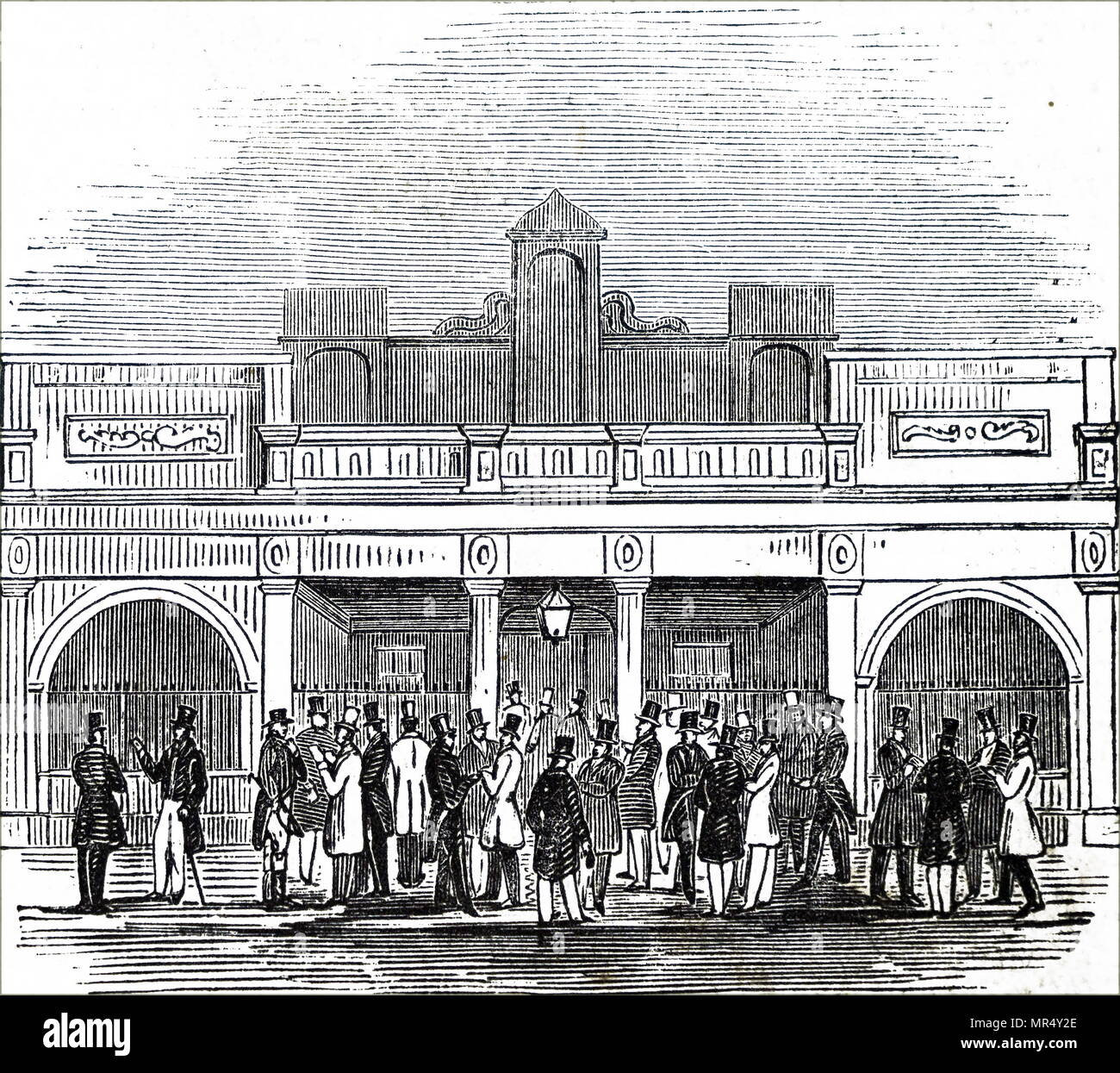 Illustration depicting the exterior of the betting room at the Newmarket Races. Dated 19th century Stock Photo