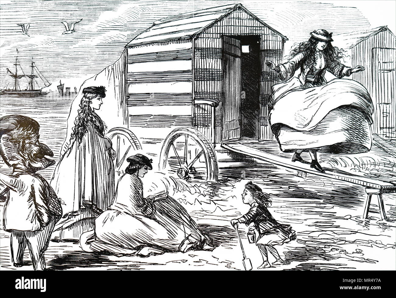 Cartoon depicting a group of sisters enjoying their day at the beach. Illustrated by John Leech (1817-1864) an English caricaturist and illustrator. Dated 19th century Stock Photo