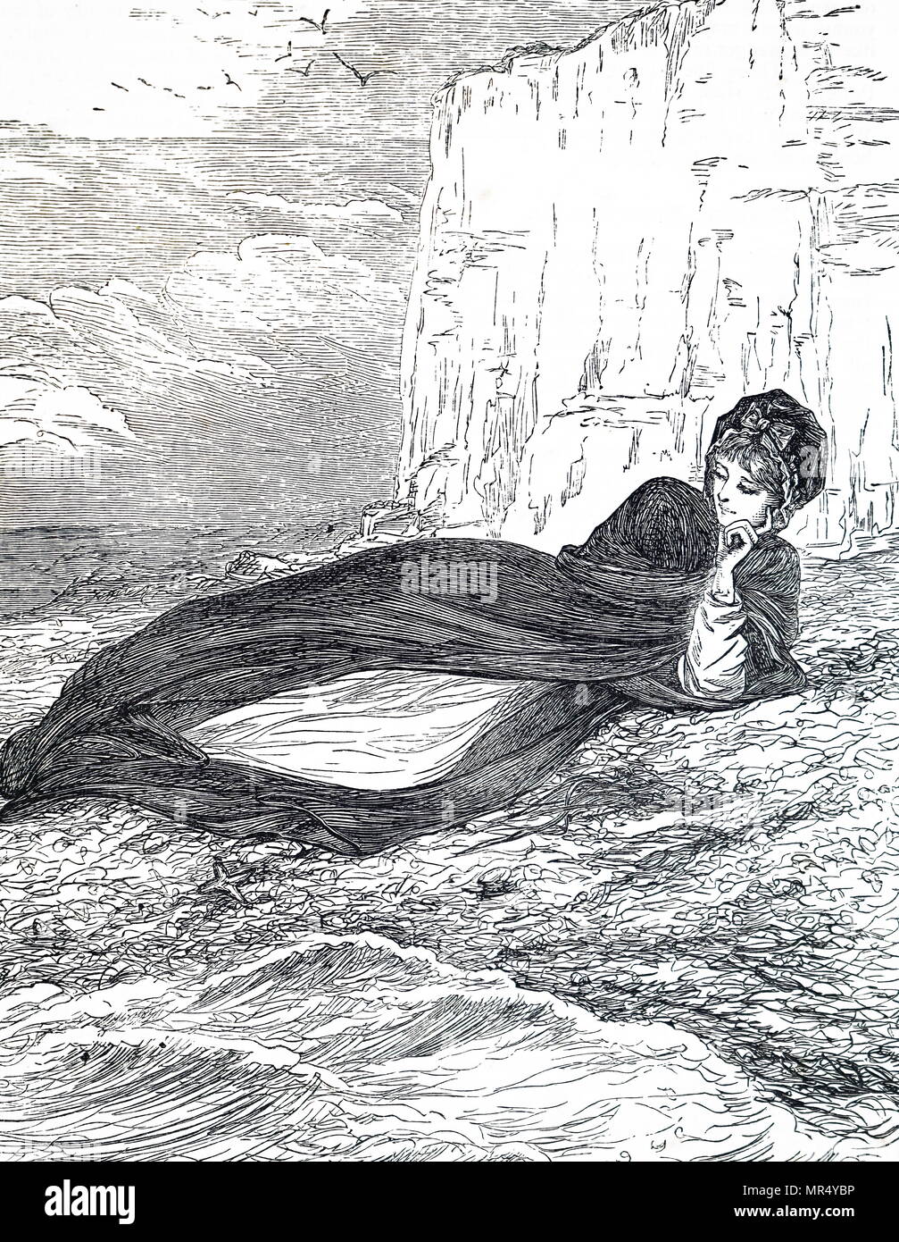 Illustration depicting a young woman relaxing on the beach. Illustrated by Mary Ellen Edwards (1838-1934) an English artist. Dated 19th century Stock Photo