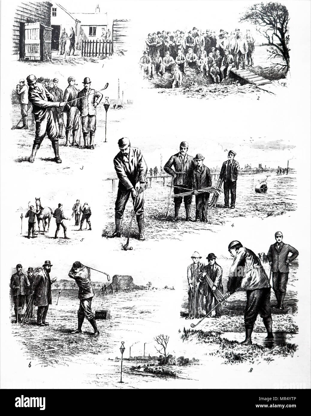 Illustrations depicting Cambridge University Golf Club playing for the Linskill Cup. Dated 19th century Stock Photo