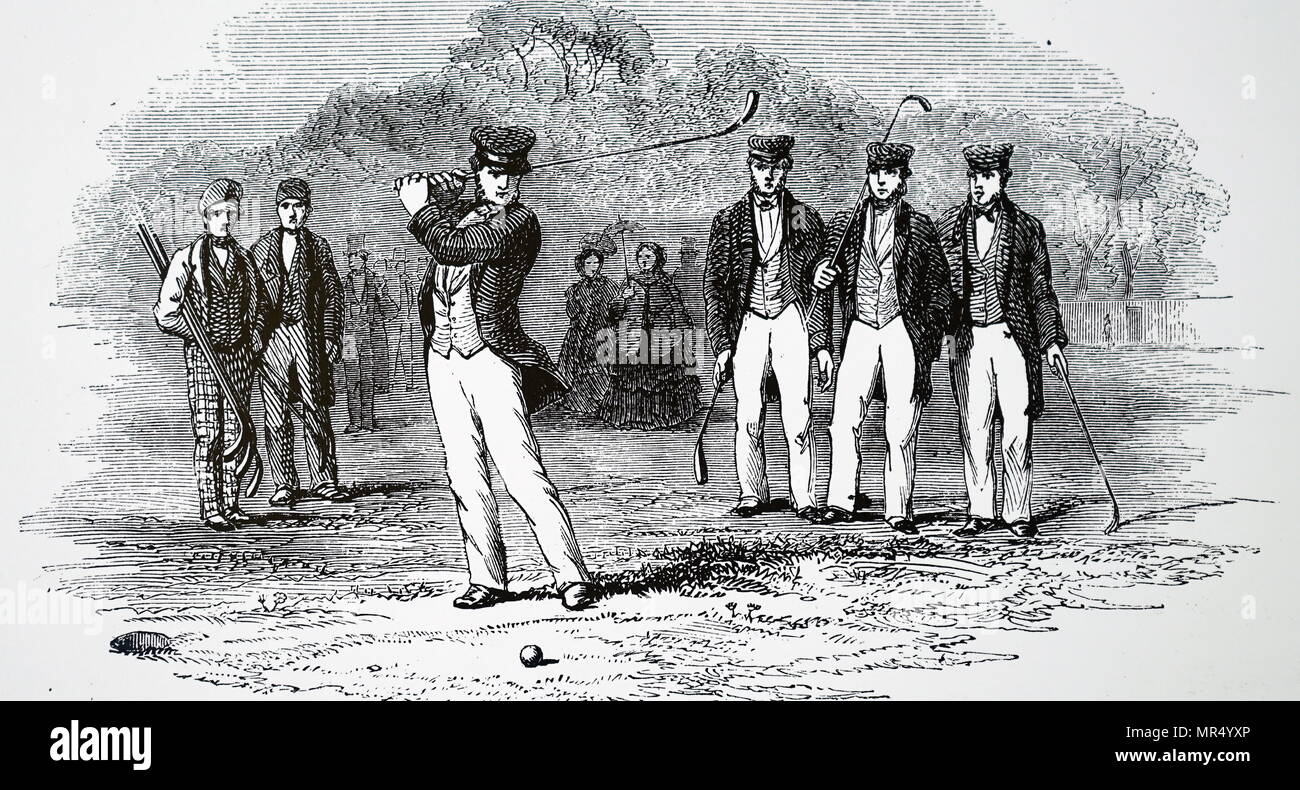 Illustration depicting a golfer 'striking off'. Dated 19th century Stock Photo