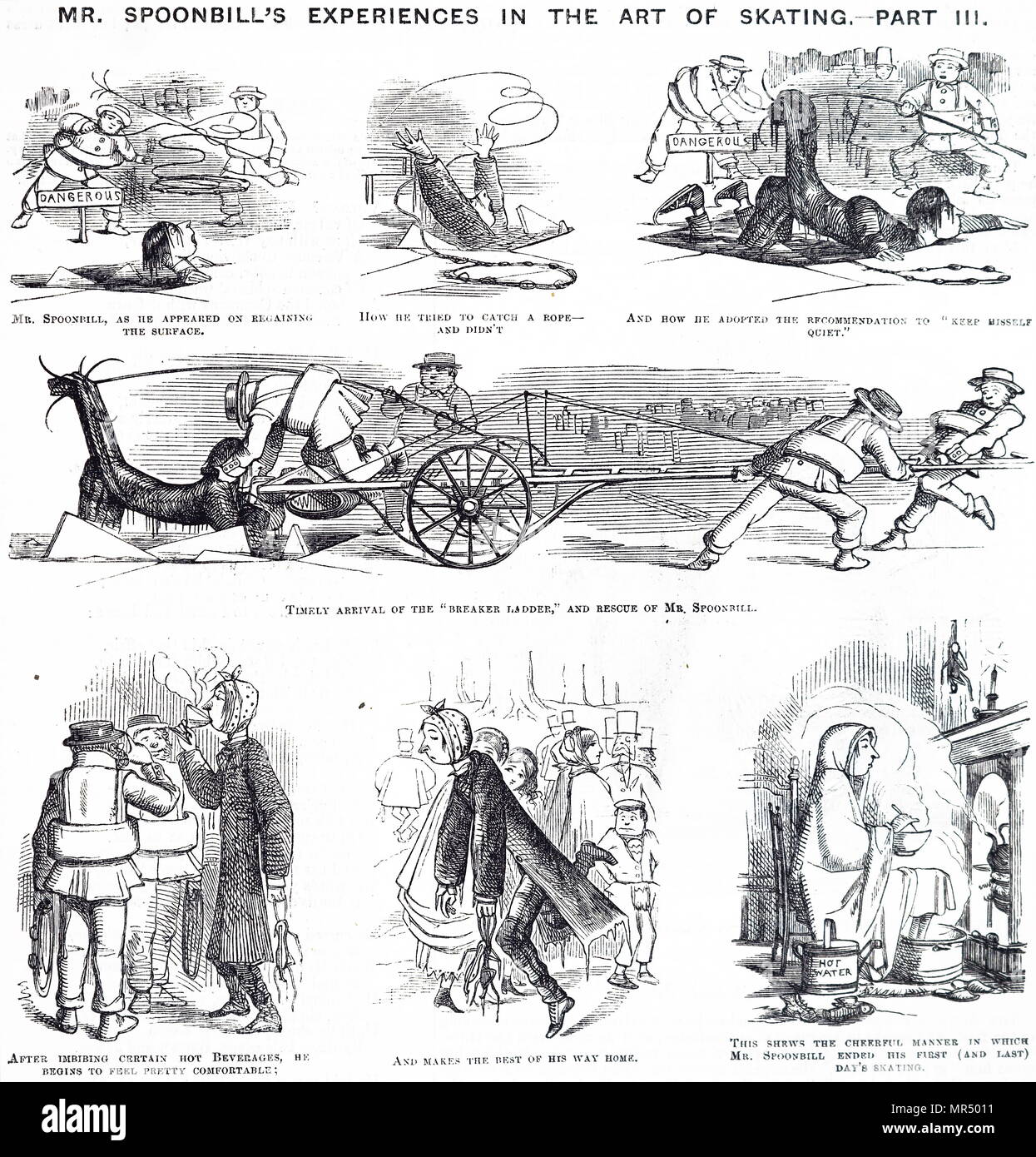 Illustration depicting the rescue process after an ice skater fell into