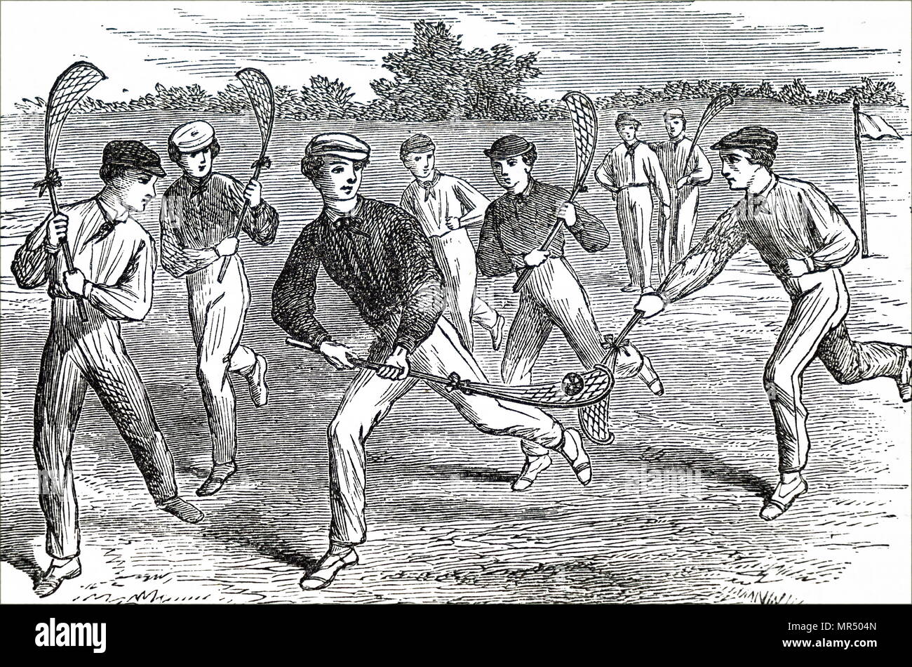 Illustration depicting young men playing lacrosse. Dated 19th century Stock Photo