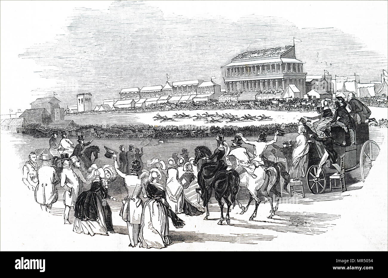 Illustration depicting the horse racing at Epson Racecourse. Dated 19th century Stock Photo