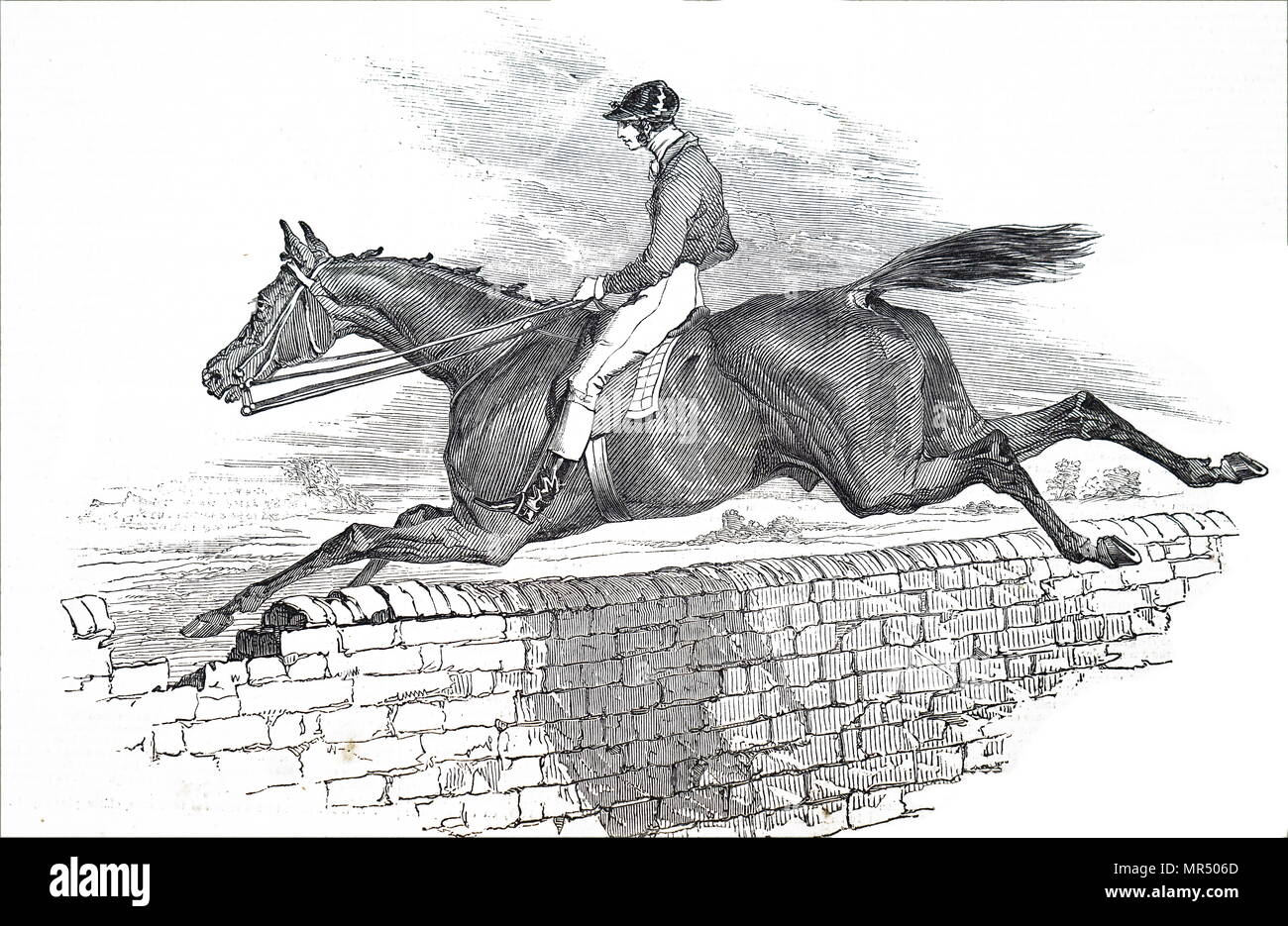 Illustration depicting a horse from the 1836 Grand Liverpool Steeplechase, the first of three unofficial annual precursors of a steeplechase which later became known as the Grand National. Dated 19th century Stock Photo