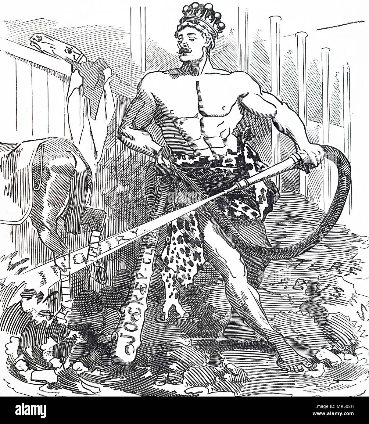 Cartoon titled 'Hercules in the Augean Stable'. Hercules is depicted attempting to clean the Augean Stables. The cartoon is commenting on the abuses in the sport of horseracing had led to an enquiry being set up. Dated 19th century Stock Photo
