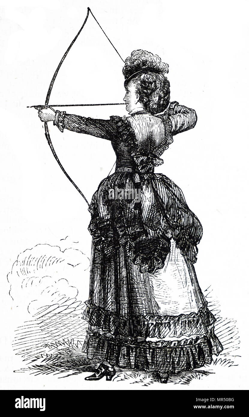 Engraving depicting a young lady practising her archery skills. Dated 19th century Stock Photo