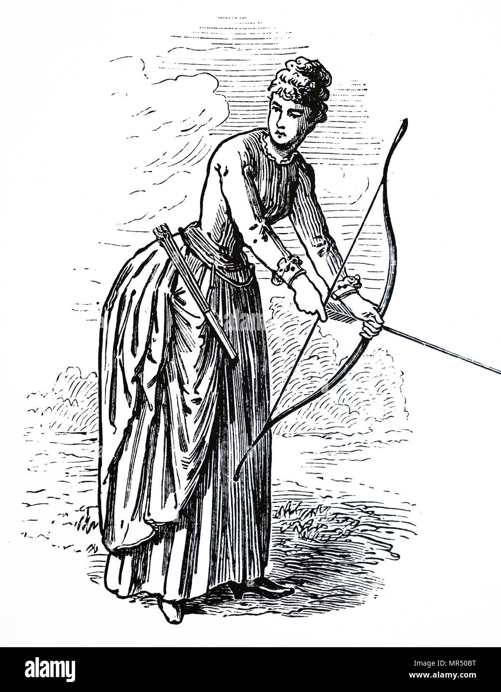 Engraving depicting a young lady practising her archery skills. Dated 19th century Stock Photo