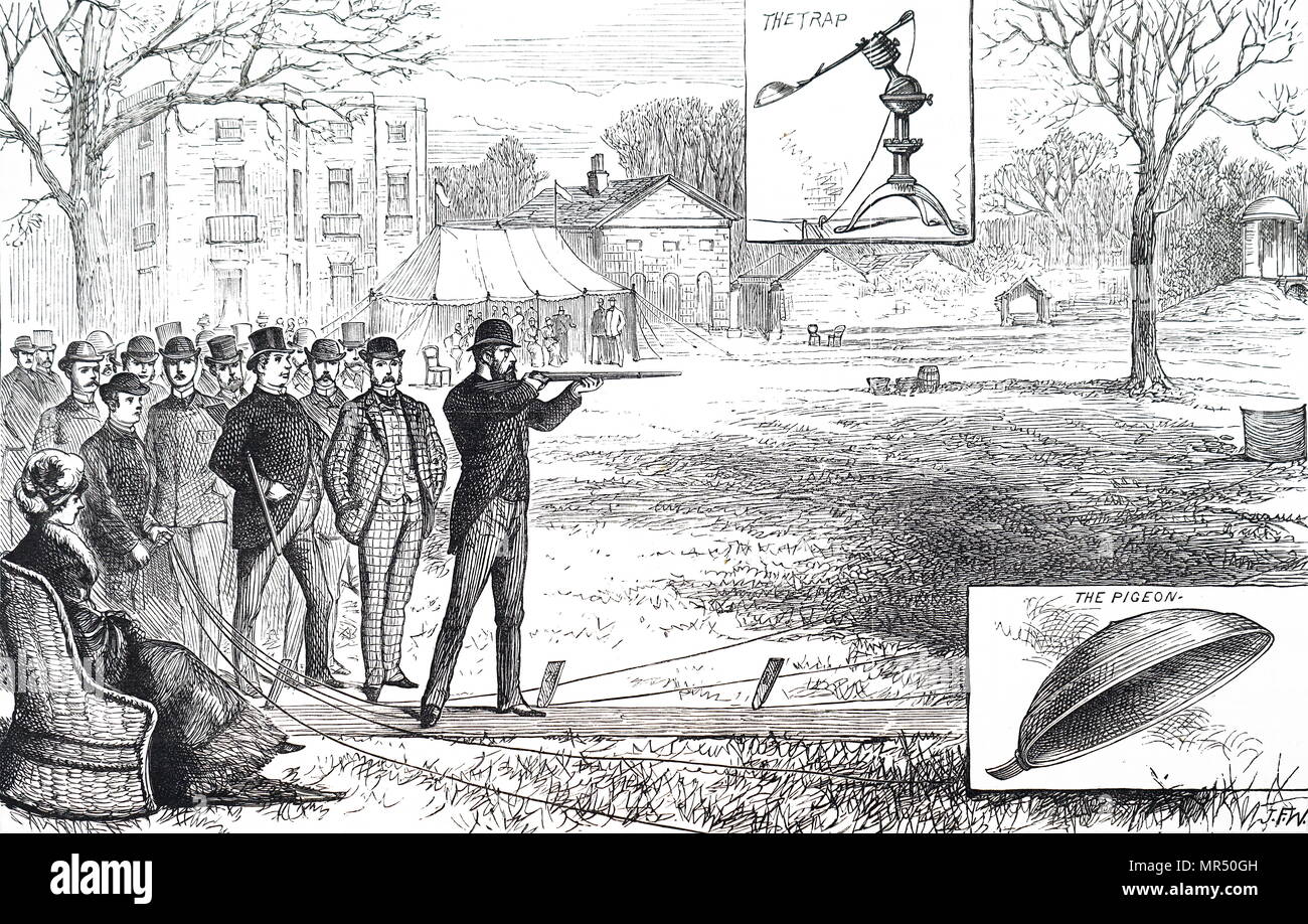 Illustration depicting experimental clay pigeon shooting at the Ranelagh Club. Dated 19th century Stock Photo