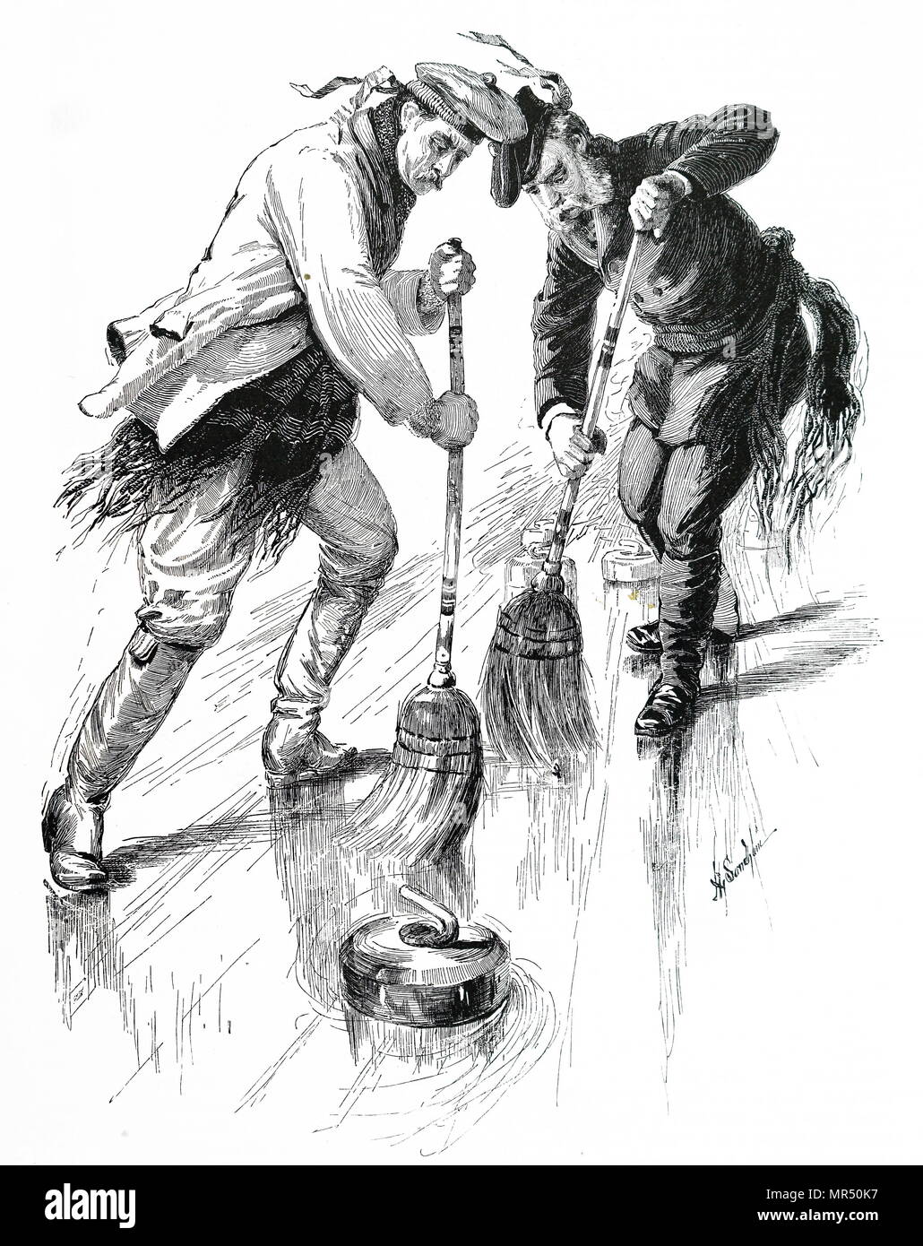 Illustration depicting two men playing curling in Canada. Dated 19th century Stock Photo