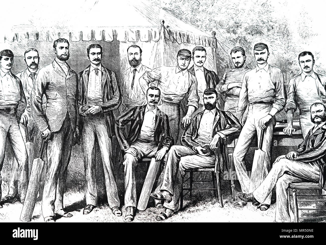 Illustration depicting the Australian touring cricket team of 1882. Left to right: S. P. Jones; A. C. Bannerman, G. J. Bonnor, F. R. Spofforth, J. McCarthy Blackhara, W. L. Murdoch, G. Eugene Palmer, G. Giffe, H. F. Boyle, T. W. Garrett, H. H. Massie, Percy S. MacDonnell, T. Horan. Dated 19th century Stock Photo