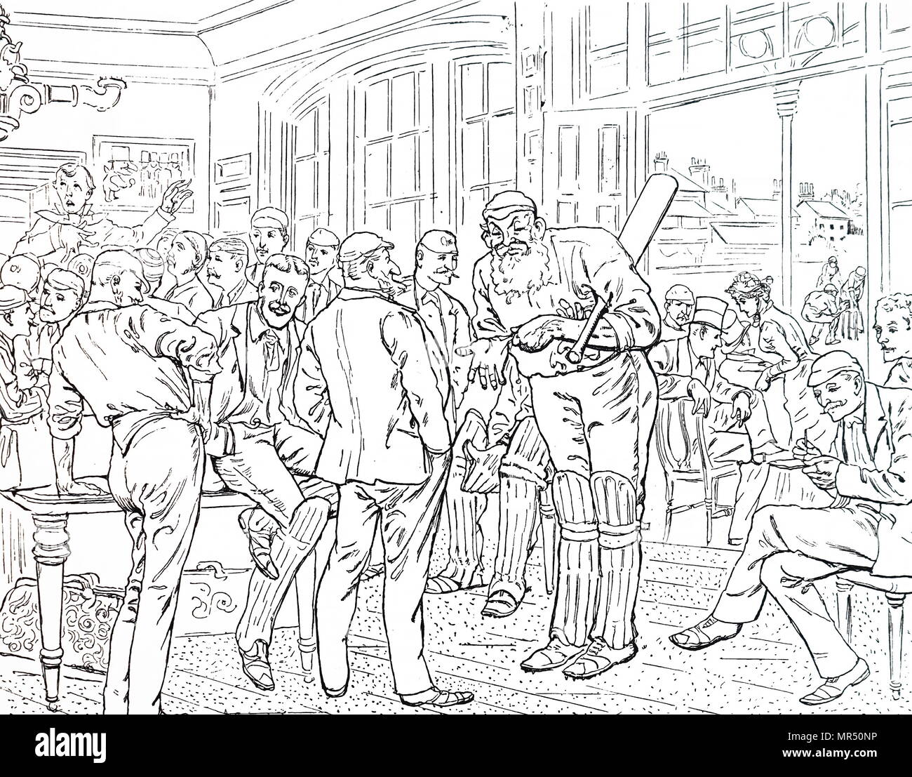 Illustration depicting The Pavilion at Lord's Cricket ground at the end of the season, dominated by the bearded figure of W. G. Grace with other eminent players around him. Illustrated by Harry Furniss (1854-1925) an Irish-born English artist and illustrator. Dated 19th century Stock Photo