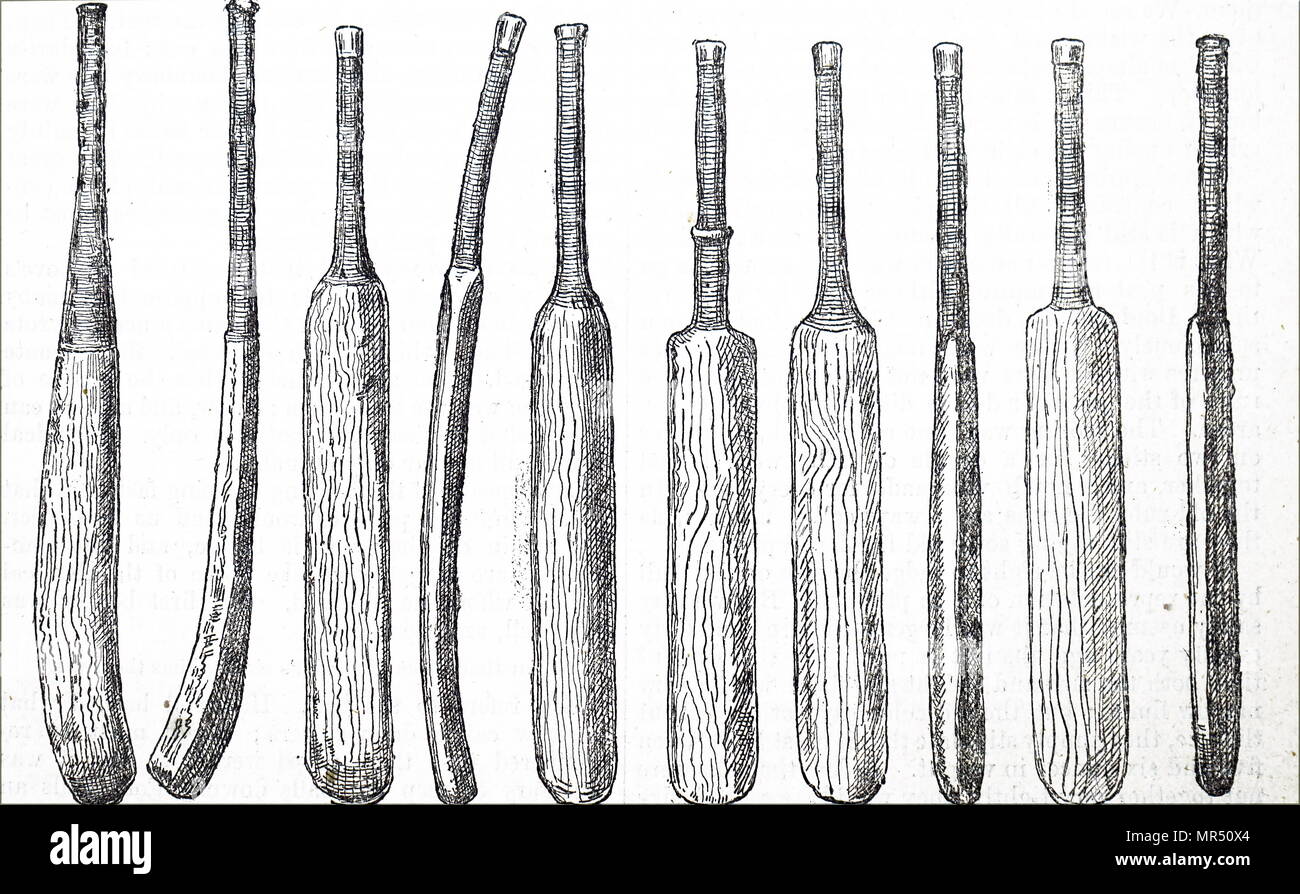 Illustration depicting various cricket bats from the 1740s to the 1880s. Dated 19th century Stock Photo