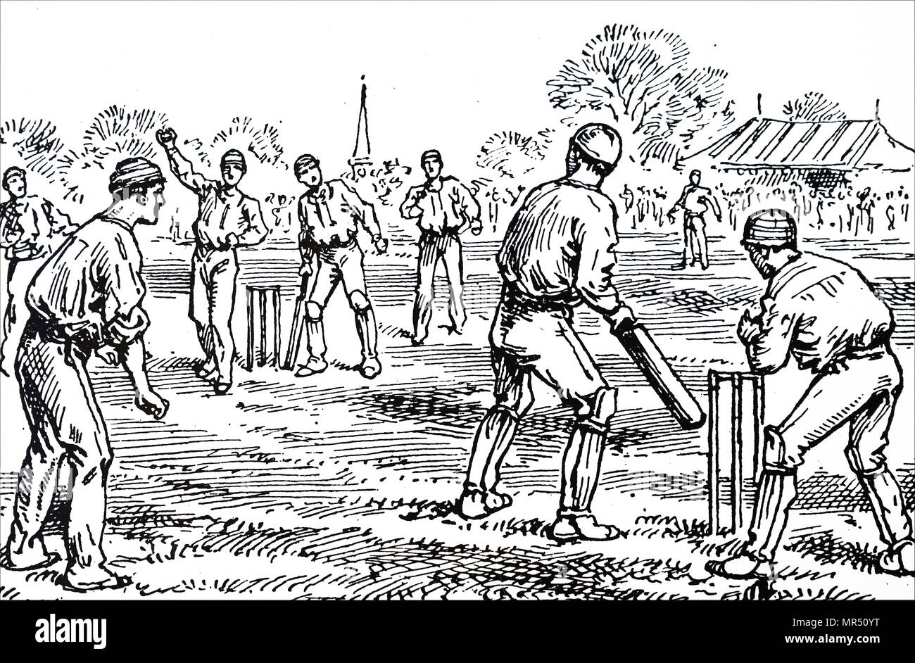 Illustration depicting men playing cricket. Dated 19th century Stock Photo
