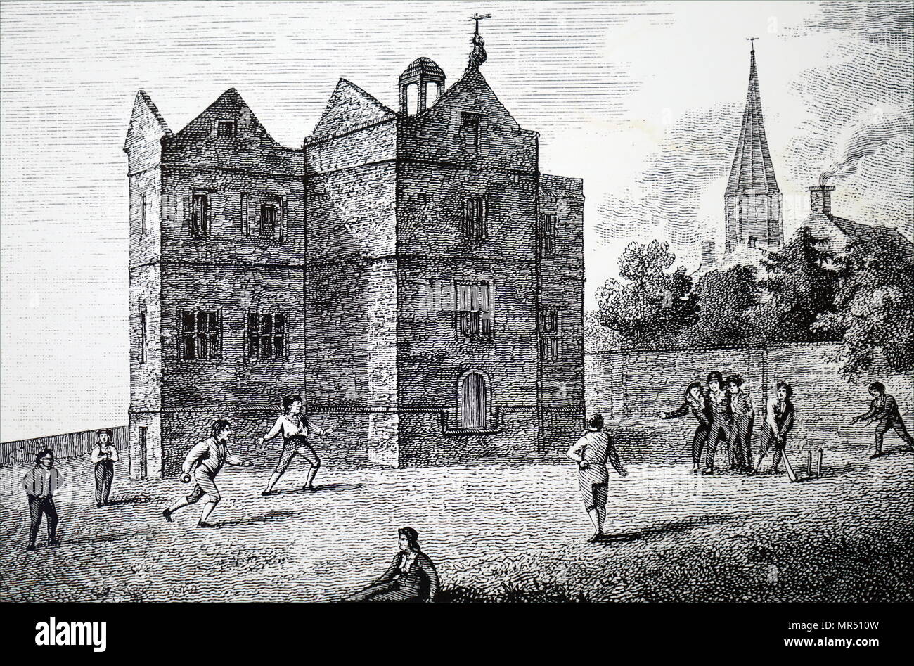 Illustration depicting schoolboys playing cricket at Harrow School. Dated 19th century Stock Photo
