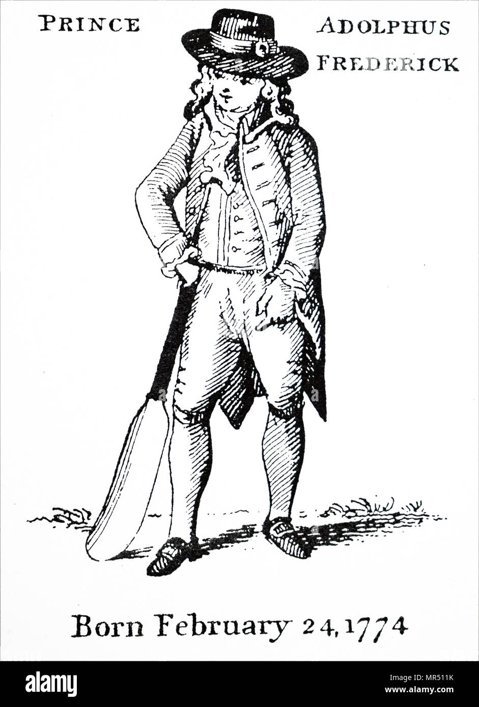 Engraving depicting Prince Adolphus, Duke of Cambridge (1774-1850) with a cricket bat. Dated 18th century Stock Photo