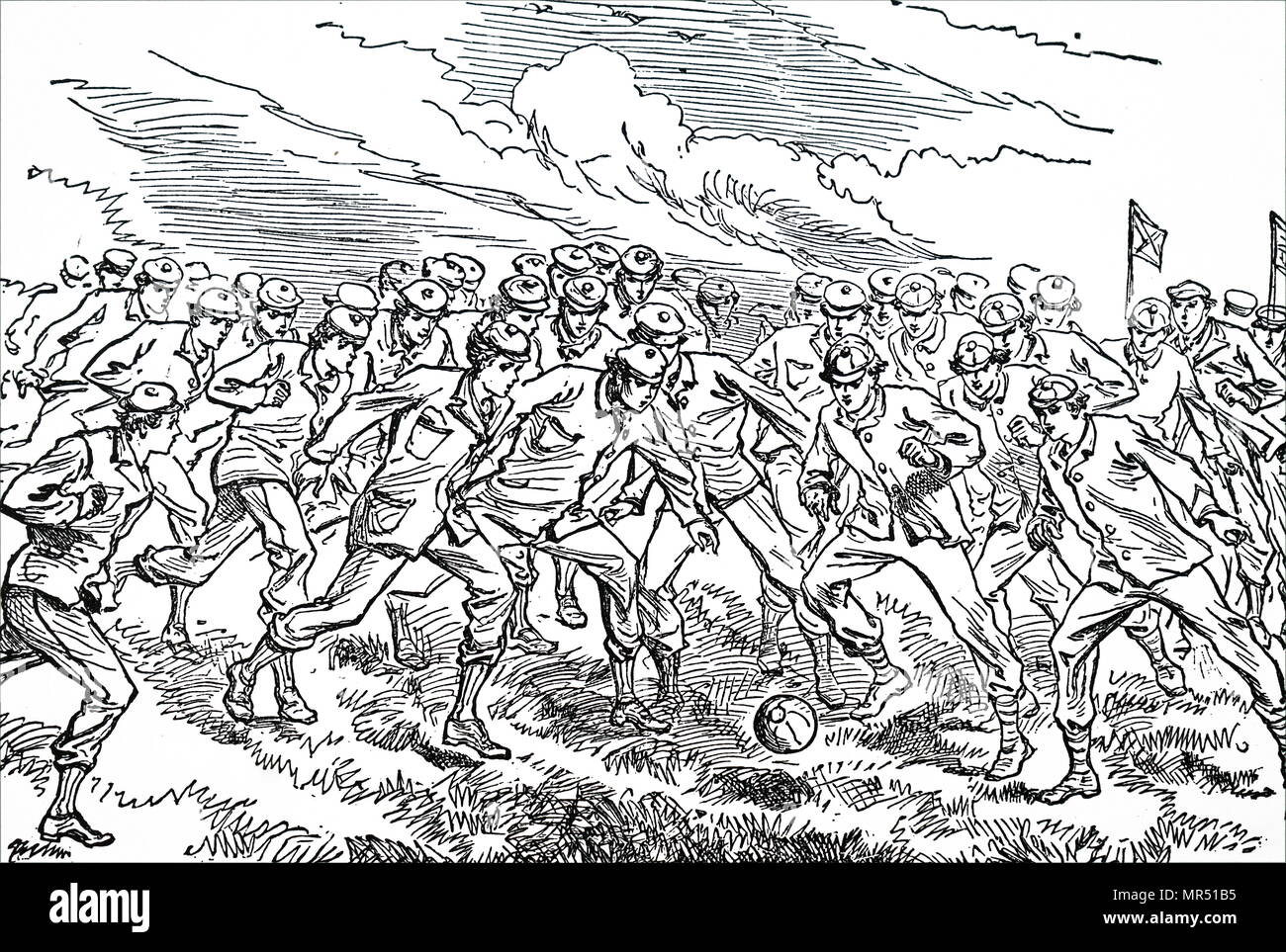 Cartoon depicting young men kicking a football before eleven players a side became the convention. Before the first set of rules published by the Football Association. Dated 19th century Stock Photo