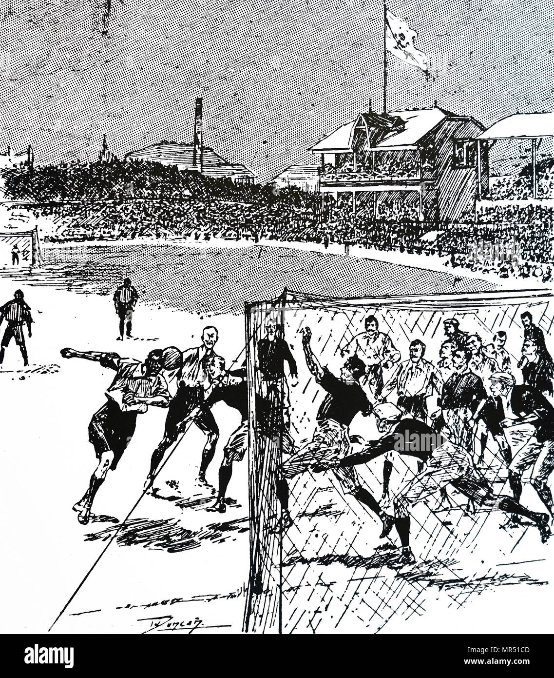Illustration depicting young men playing football during the final of the 1898 Association Football Cup at Crystal Palace, London. Dated 19th century Stock Photo