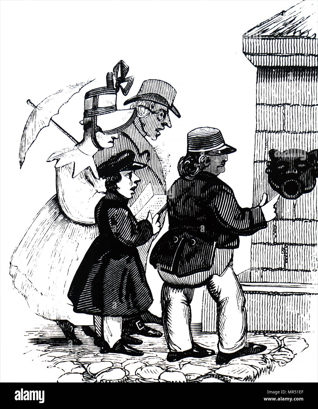 Cartoon depicting tourists in London in search of the lions (at the Zoological Society Gardens) think their guide book refers to a different kind of lion. Dated 19th century Stock Photo
